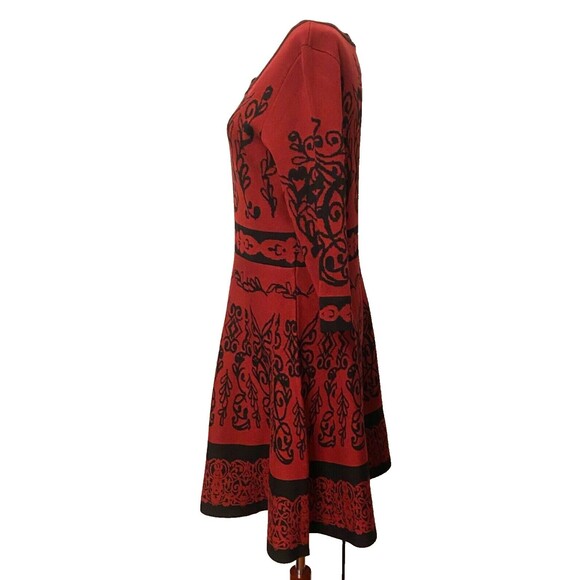NEW TAYLOR Fit n Flare Sweater Dress Lg Burgundy Red Black Floral Celtic Gothic - Picture 5 of 11
